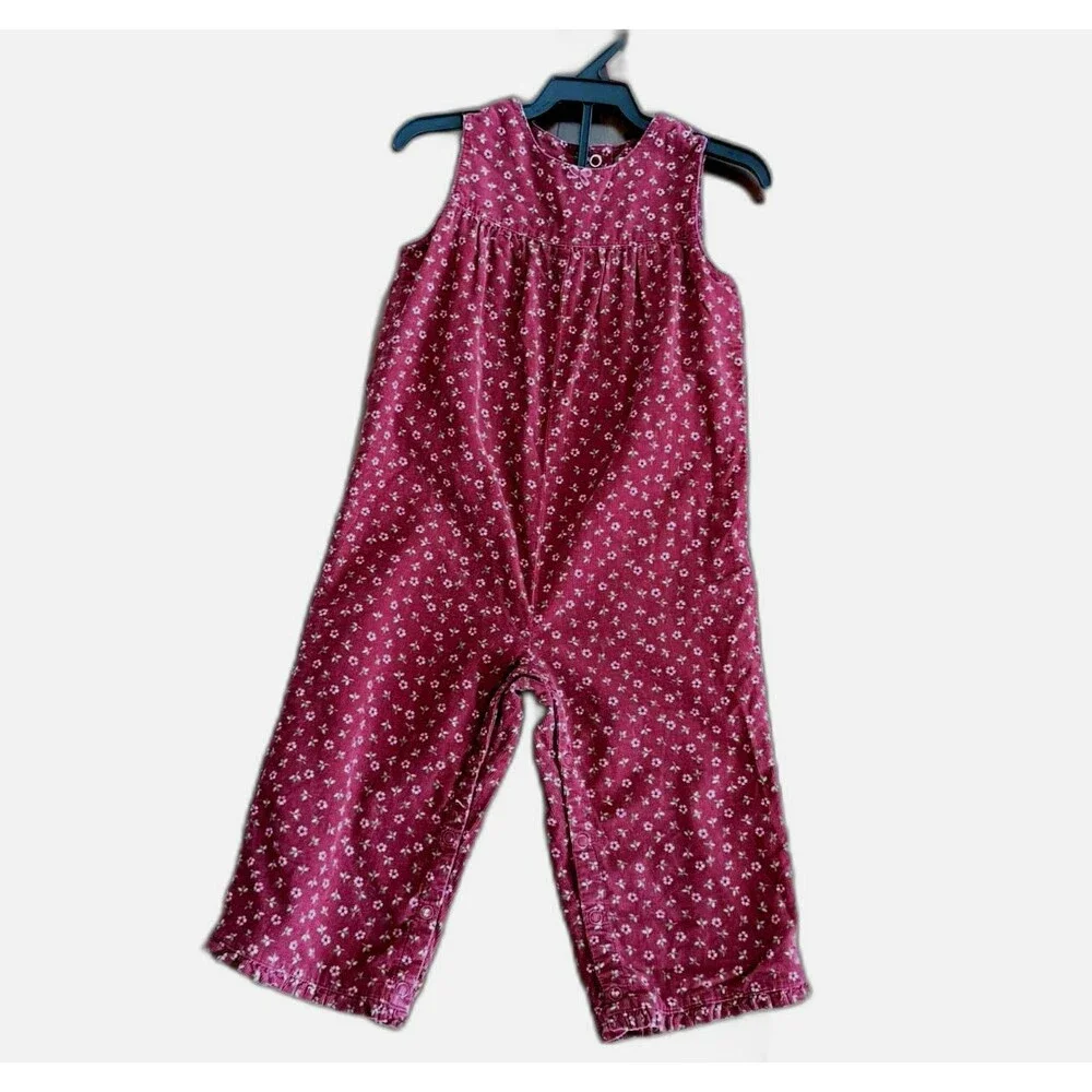 Y2K GYMBOREE TODDLER GIRLS MAROON CORDUROY FLORAL BUBBLE ROMPER OVERALLS 18-24M